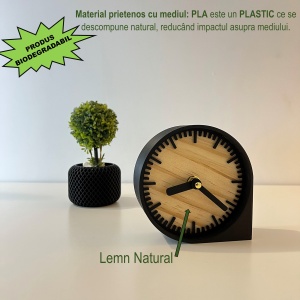 Ceas de birou - Mecanism SILENTIOS – DECORADI®, Eco-friendly, Cadran din Lemn Natural, Design Modern, Negru, Diametru 11 cm – Cadou sau Ceas de camera decorativ cu design modern, Printat 3D din PLA ECO(plastic biodegradabil) - Img 3