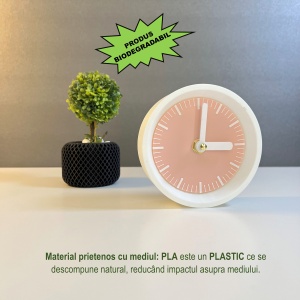 Ceas de birou - Mecanism SILENTIOS – DECORADI®, Eco-friendly, Design Modern, Colectie Kaleia, Alb / Roz deschis, Diametru 11cm – Cadou sau Ceas de camera decorativ cu design modern, Printat 3D din PLA ECO (plastic biodegradabil) - Img 3