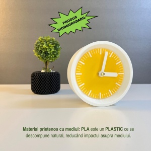 Ceas de birou - Mecanism SILENTIOS – DECORADI®, Eco-friendly, Design Modern, Colectie Kaleia, Alb / Galben, Diametru 11cm – Cadou sau Ceas de camera decorativ cu design modern, Printat 3D din PLA ECO (plastic biodegradabil) - Img 3