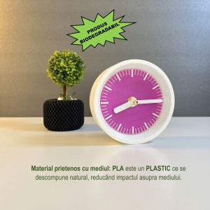Ceas de birou - Mecanism SILENTIOS – DECORADI®, Eco-friendly, Design Modern, Colectie Kaleia, Alb / Mov, Diametru 11cm – Cadou sau Ceas de camera decorativ cu design modern, Printat 3D din PLA ECO (plastic biodegradabil) - Img 3