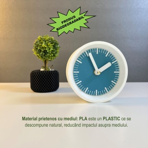 Ceas de birou - Mecanism SILENTIOS – DECORADI®, Eco-friendly, Design Modern, Colectie Kaleia, Alb / Albastru inchis, Diametru 11cm – Cadou sau Ceas de camera decorativ cu design modern, Printat 3D din PLA ECO (plastic biodegradabil) - Img 3