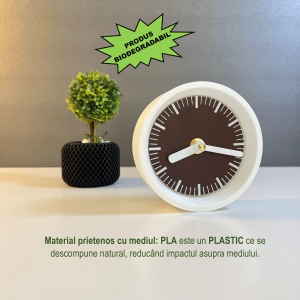Ceas de birou - Mecanism SILENTIOS – DECORADI®, Eco-friendly, Design Modern, Colectie Kaleia, Alb / Maro, Diametru 11cm – Cadou sau Ceas de camera decorativ cu design modern, Printat 3D din PLA ECO (plastic biodegradabil) - Img 3