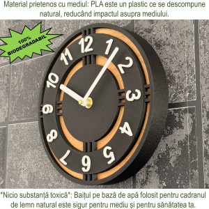 Ceas decorativ de perete, Mecanism SILENTIOS, DECORADI®, Diametru 21 cm, Afisare cu cifre arabe, Cadran din LEMN NATURAL, Eco-friendly, Design Modern, Negru, Printat 3D din PLA ECO(plastic biodegradabil) - Img 5