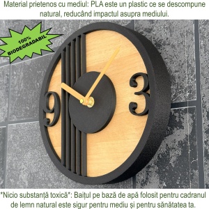 Ceas decorativ de perete, Mecanism SILENTIOS, DECORADI®, Diametru 21 cm, Cadran din LEMN NATURAL, Eco-friendly, Design Modern, Negru, Printat 3D din PLA ECO(plastic biodegradabil) - Img 5