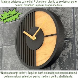 Ceas decorativ de perete, Mecanism SILENTIOS, DECORADI®, Diametru 21 cm, Cadran din LEMN NATURAL, Eco-friendly, Design Modern, Negru, Printat 3D din PLA ECO(plastic biodegradabil) - Img 5