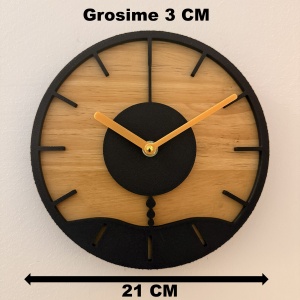 Ceas decorativ de perete, Mecanism SILENTIOS, DECORADI®, Diametru 21 cm, Cadran din LEMN NATURAL, Eco-friendly, Design Modern, Negru, Printat 3D din PLA ECO(plastic biodegradabil) - Img 2