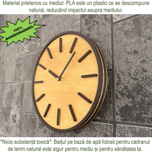Ceas decorativ de perete, Mecanism SILENTIOS, DECORADI®, Diametru 26 cm, Cadran din LEMN NATURAL, Eco-friendly, Design Modern, Negru, Printat 3D din PLA ECO(plastic biodegradabil) - Img 5