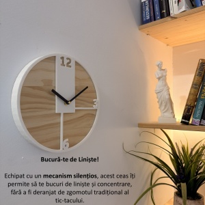 Ceas decorativ de perete, Mecanism SILENTIOS, DECORADI®, Diametru 26 cm, Cadran din LEMN NATURAL, Eco-friendly, Design Modern, Alb, Printat 3D din PLA ECO(plastic biodegradabil) - Img 5