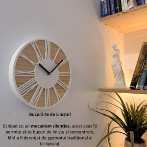 Ceas decorativ de perete, Mecanism SILENTIOS, DECORADI®, Diametru 26 cm, Afisare cu cifre Romane, Cadran din LEMN NATURAL, Eco-friendly, Design Modern, Alb, Printat 3D din PLA ECO(plastic biodegradabil) - Img 5