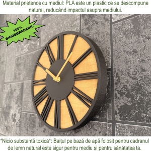 Ceas decorativ de perete, Mecanism SILENTIOS, DECORADI®, Diametru 26 cm, Afisare cu cifre Romane, Cadran din LEMN NATURAL, Eco-friendly, Design Modern, Negru, Printat 3D din PLA ECO(plastic biodegradabil) - Img 5