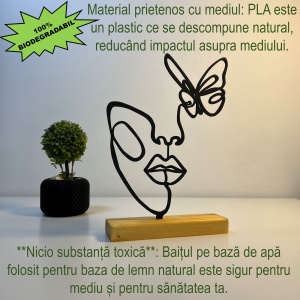 Decoratiune Casa, Chipul cu Fluture – DECORADI®, Eco-friendly, Baza din Lemn Natural, Design Abstract, Negru 22cm – Cadou sau Decoratiune de interior cu design modern, Printat 3D din PLA Eco (plastic biodegradabil) - Img 3