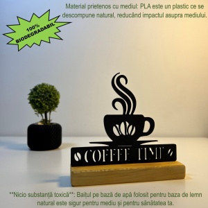 Decoratiune Casa, Coffee Time – DECORADI®, Eco-friendly, Baza din Lemn Natural, Design Modern, Negru 16cm – Cadou sau Decoratiune de interior ideala pentru iubitorii de cafea, Printat 3D din PLA(plastic biodegradabil) - Img 3