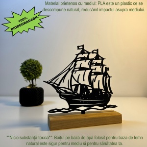 Decoratiune Casa, Corabie – DECORADI®, Eco-friendly, Baza din Lemn Natural, Design Modern, Negru 15cm – Cadou sau Decoratiune de interior ideala pentru iubitorii de calatorii, Printat 3D din PLA Eco(plastic biodegradabil) - Img 3