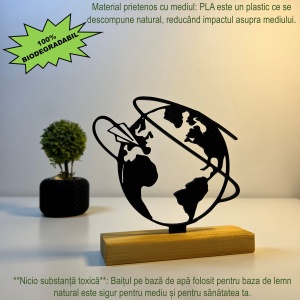 Decoratiune Casa, Glob Pamantesc – DECORADI®, Eco-friendly, Baza din Lemn Natural, Design Modern, Negru 15cm – Cadou sau Decoratiune de interior ideala pentru iubitorii de calatorii, Printat 3D din PLA ECO(plastic biodegradabil) - Img 3