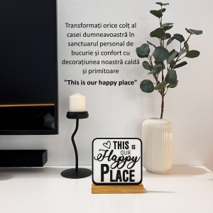 Decoratiune Casa, Our Happy Place – DECORADI®, Eco-friendly, Baza din Lemn Natural, Design Modern, alb / negru 15cm – Cadou sau Decoratiune de interior ideala pentru Casa Noua, Printat 3D din PLA ECO (plastic biodegradabil) - Img 4