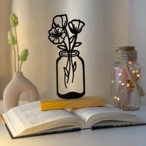 Decoratiune Casa, Vaza cu flori – DECORADI®, Eco-friendly, Baza din Lemn Natural, Design Abstract, Negru 21cm – Cadou sau Decoratiune de interior ideala pentru iubitorii de natura, Printat 3D din PLA Eco(plastic biodegradabil)