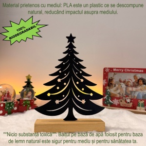 Decorațiune Crăciun, Brad– Eco-friendly, Baza din Lemn Natural, Negru 20.5cm, Handmade, Decor Interior Birou, Sufragerie, Cadou Crăciun, Printat 3D din PLA Eco (plastic biodegradabil), DECORADI® - Img 4