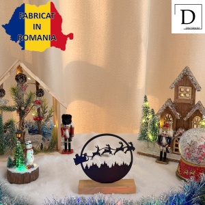 Decorațiune Crăciun, Moș Crăciun cu Renii – Eco-friendly, Baza din Lemn Natural, Negru 14.5cm, Handmade, Decor Interior Birou, Sufragerie, Cadou Crăciun, Printat 3D din PLA Eco (plastic biodegradabil), DECORADI® - Img 3