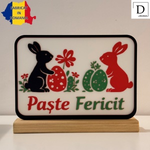 Decoratiune de Paste Fericit, Iepurasi si Oua colorate, Eco-friendly, Baza din Lemn Natural, Multicolor, 16 cm, Handmade, Decor Interior Birou, Sufragerie, Cadou Paste, Printat 3D din PLA Eco (plastic biodegradabil), DECORADI® - Img 2