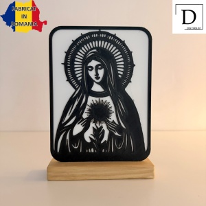 Decoratiune religioasa Fecioara Maria – DECORADI®, Eco-friendly, Baza din Lemn Natural, Design Modern, Alb / Negru 20 cm – Cadou sau Decoratiune de interior spirituala si minimalista, Printat 3D din PLA Eco (plastic biodegradabil) - Img 2