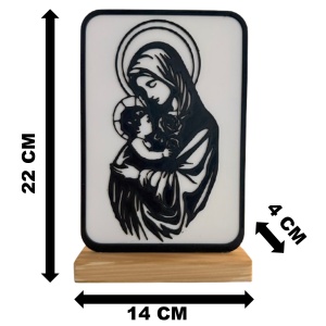 Decoratiune religioasa Fecioara Maria cu Pruncul – DECORADI®, Eco-friendly, Baza din Lemn Natural, Design Modern, Alb / Negru 22 cm – Cadou sau Decoratiune de interior spirituala si minimalista, Printat 3D din PLA Eco (plastic biodegradabil) - Img 6