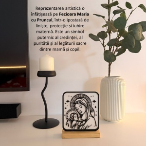Decoratiune religioasa Fecioara Maria cu Pruncul – DECORADI®, Eco-friendly, Baza din Lemn Natural, Design Modern, Alb / Negru 17 cm – Cadou sau Decoratiune de interior spirituala si minimalista, Printat 3D din PLA Eco (plastic biodegradabil) - Img 4