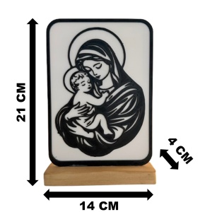 Decoratiune religioasa Fecioara Maria cu Pruncul – DECORADI®, Eco-friendly, Baza din Lemn Natural, Design Modern, Alb / Negru 21 cm – Cadou sau Decoratiune de interior spirituala si minimalista, Printat 3D din PLA Eco (plastic biodegradabil) - Img 6
