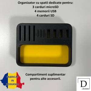 Organizator 4 Memorii USB, 4 Carduri SD, 3 Carduri MicroSD + Minitavita, Multifunctional, Galben/Negru, 9 X 7 cm, imprimat 3D din PLA (Bioplastic) - Img 2