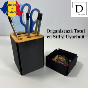 Set organizator de birou multifunctional, Suport 6 instrumente de scris si accesorii (12 X 9 X 9 CM) + Cutiuta suplimentara cu capac (4 X 9 X 9 CM), Auriu/Negru, imprimat 3D din PLA (Bioplastic) - Img 2
