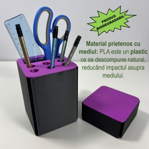 Set organizator de birou multifunctional, Suport 6 instrumente de scris si accesorii (12 X 9 X 9 CM) + Cutiuta suplimentara cu capac (4 X 9 X 9 CM), Mov/Negru, imprimat 3D din PLA (Bioplastic) - Img 3