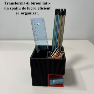 Suport articole birou 2 in 1, Multifunctional, Suport instrumente de scris si accesorii + compartiment inferior fix, Rosu/Negru, 8 CM, imprimat 3D din PLA (Bioplastic) - Img 4