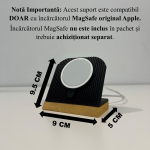 Suport Incarcare compatibil cu MagSafe original Apple (Incarcatorul MagSafe nu este inclus), Negru, Baza din lemn natural, imprimati 3D din PLA (Bioplastic) - Img 6
