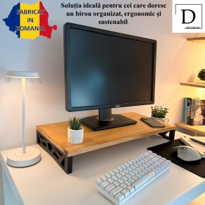 Suport monitor, 60 X 30 X 8 CM, Picioare printate 3D din PLA (Bioplastic), Negru, Panou din lemn natural (Fag) - Img 2