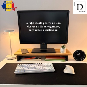 Suport pentru monitor, 60 X 20 X 8 CM, Picioare printate 3D din PLA (Bioplastic), Negru, Panou din lemn natural (Fag) - Img 2