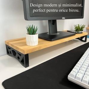Suport pentru monitor, 60 X 20 X 8 CM, Picioare printate 3D din PLA (Bioplastic), Negru, Panou din lemn natural (Fag) - Img 2