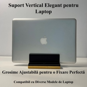 Suport vertical pentru laptop cu baza din lemn natural, Latime Reglabila 14-27 mm, Protectie anti-alunecare, negru, imprimat 3D din PLA (Bioplastic) - Img 3