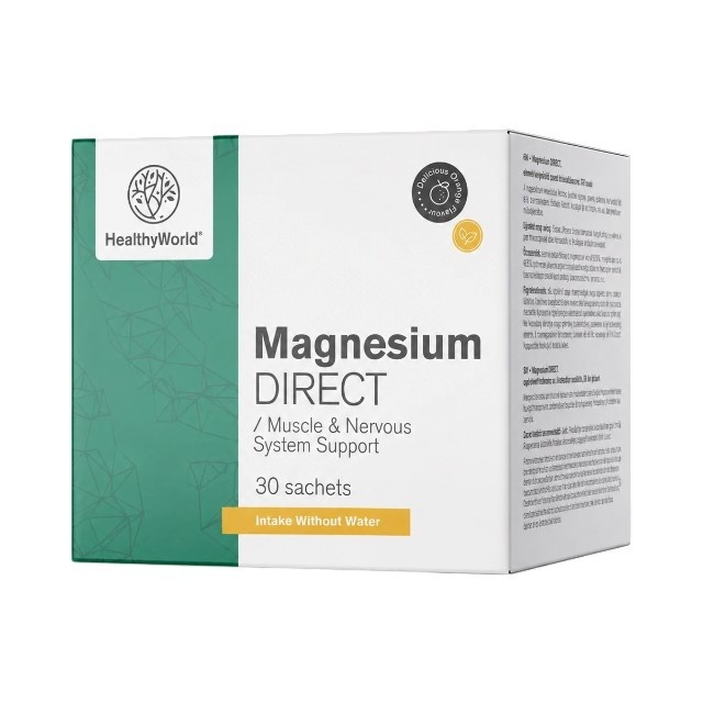Magneziu DIRECT 400 mg, supliment alimentar pentru reducerea oboselii, susținerea energiei, mușchilor și sistemului nervos, pulbere cu administrare directă fără apă, aromă de portocale, 30 plicuri, HealthyWorld