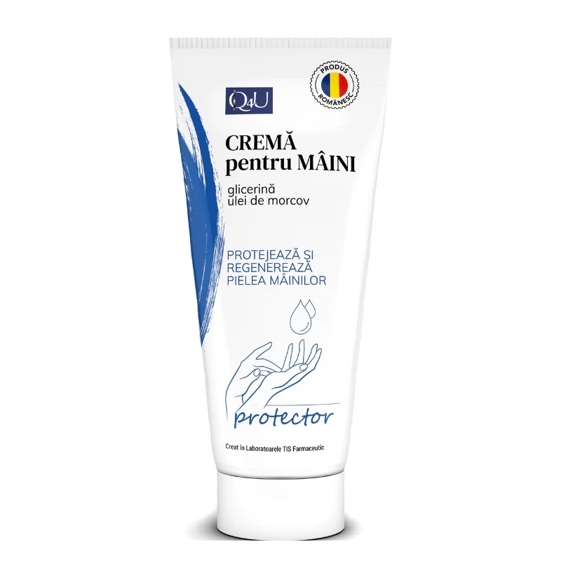 Q4U Cremă de Mâini cu Glicerină și Ulei de morcov, hidratează și catifelează mâinile uscate și crăpate, 100 ml, Tis Farmaceutic