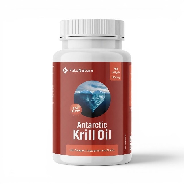 Antarctic Krill Oil, supliment alimentar destinat susținerii sănătății inimii, ficatului și metabolismului grăsimilor, cu ulei de krill, Omega-3, colină și astaxantină, 90 capsule moi, FutuNatura