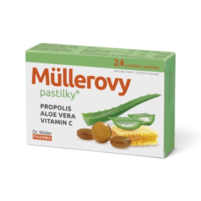 Müllerovy Comprimate cu Propolis, Aloe Vera și Vitamina C, supliment alimentar destinat susținerii organismului și sistemului imunitar, cu miere, mentol și aromă de portocale, 24 comprimate masticabile, Dr. Müller Pharma