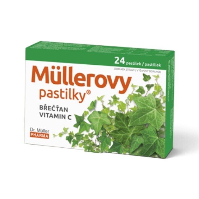 Müllerovy Comprimate cu Iederă și Vitamina C, supliment alimentar pentru susținerea sănătății căilor respiratorii, cu extract de Iederă, Mentol și ulei esențial de Cuișoare, 24 comprimate masticabile, Dr. Müller Pharma