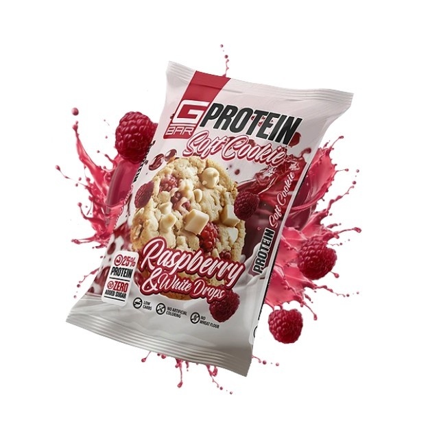 G-BAR Cookie proteic cu cu aromă de zmeură și chipsuri de ciocolată albă, 50 g, G-PRO
