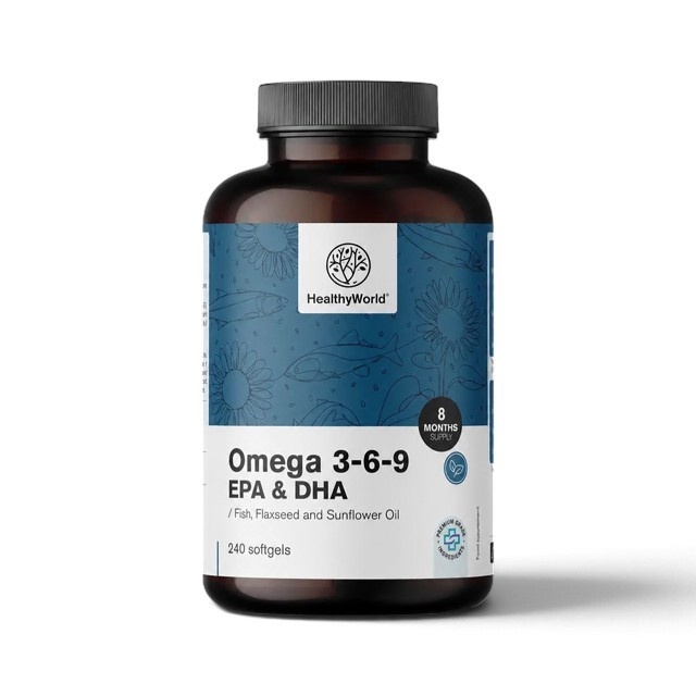 Omega 3-6-9, supliment alimentar pentru susținerea sănătății inimii, creierului și funcționării normale a organismului, cu ulei de pește, 240 capsule moi, HealthyWorld