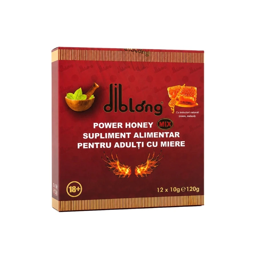 Power Honey, supliment alimentar pentru adulți cu miere și asocieri de plante care susțin sănătatea sexuală și funcția de reproducere, 12 x 10 g, DIBLONG