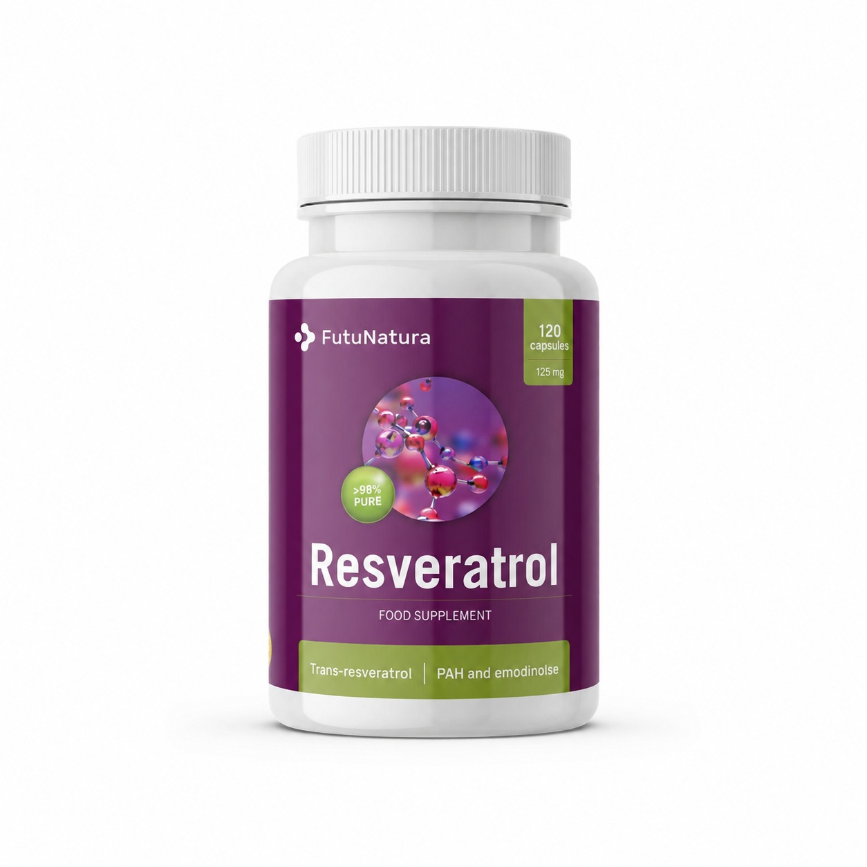 Resveratrol 125 mg, supliment alimentar cu antioxidanți naturali pentru susținerea sănătății inimii, circulației și protecției celulelor, 120 capsule, FutuNatura
