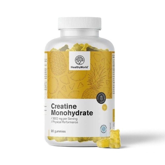 Creatină monohidrat 3000 mg, supliment alimentar sub formă de jeleuri pentru susținerea forței musculare și a performanței fizice, cu aromă de ananas, 90 jeleuri, HealthyWorld