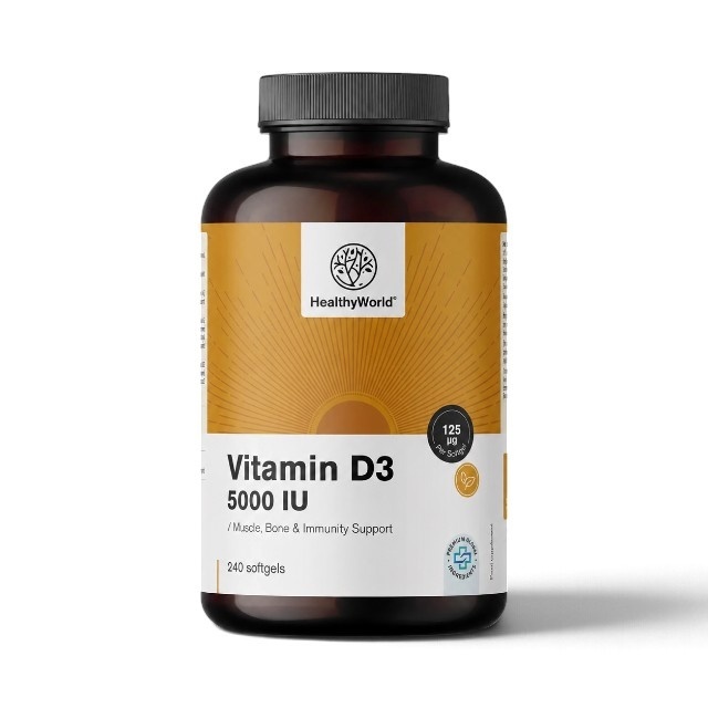Vitamina D3 5000 UI, supliment alimentar pentru susținerea imunității, sănătății oaselor, dinților și mușchilor, 240 capsule moi, HealthyWorld