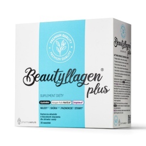 Beautyllagen® Plus, Colagen Marin 5.000 mg, cu Acid Hialuronic și Biotină, susține fermitatea pielii, părul și unghiile, coacăze negre și lămâie, 30 plicuri, Pharmaverum