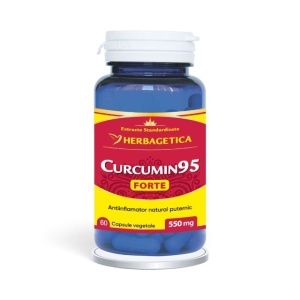 Curcumin 95 Forte, supliment alimentar destinat susținerii articulațiilor, digestiei și sănătății generale a organismului, 60 capsule, Herbagetica