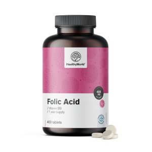 Folic Acid, supliment alimentar destinat susținerii sarcinii, formării normale a sângelui și diviziunii celulare, cu acid folic 400 µg, 400 tablete, HealthyWorld - Img 2